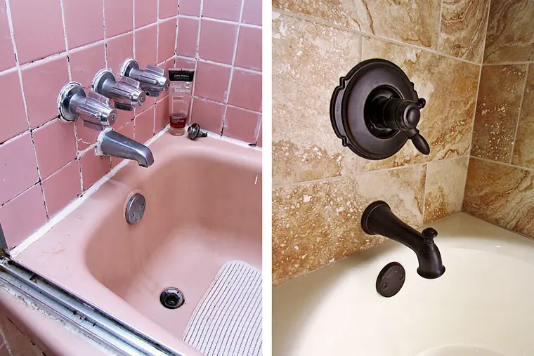 Old pink tub fixtures beside a new oil-rubbed bronze faucet