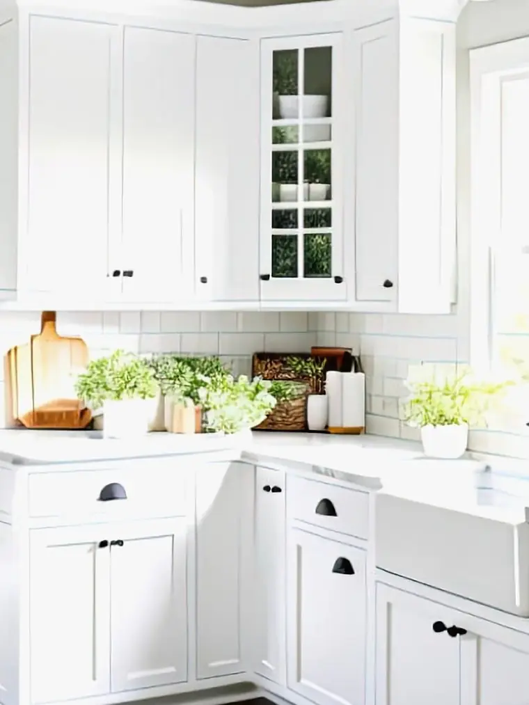 White shaker kitchen with subway tile backsplash and open shelving