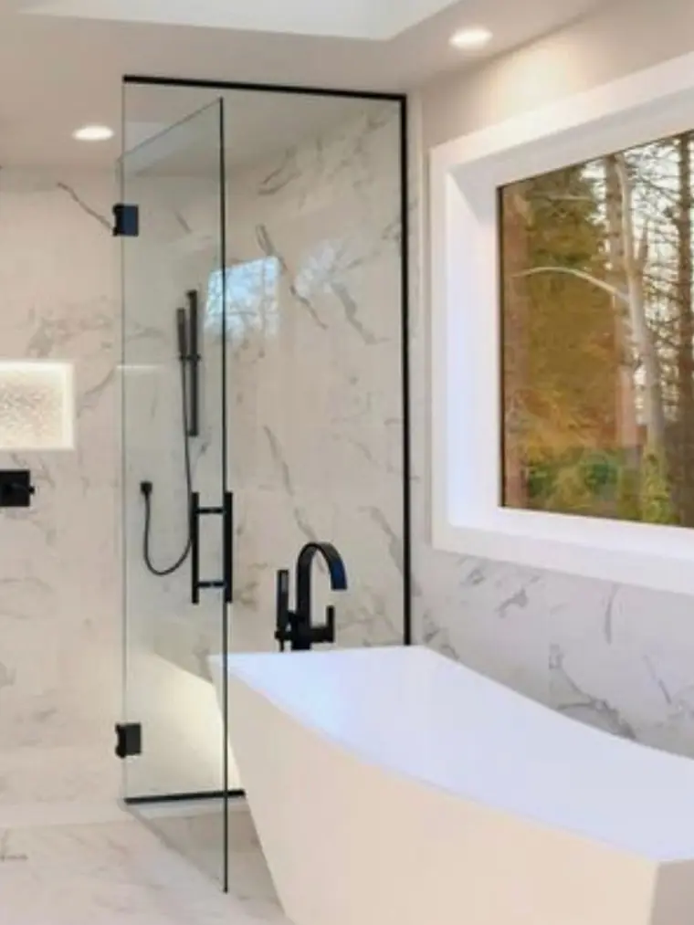 Shower and tub wet room with a picture window