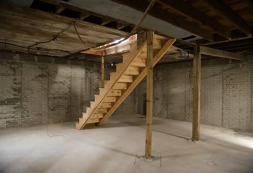 Unfinished basement with exposed foundation walls and wooden stairs